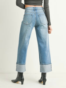 Medium Wash Cuffed Slim Wide Leg Denim