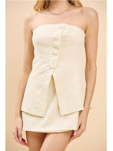 Ivory Strapless Button Mini Dress