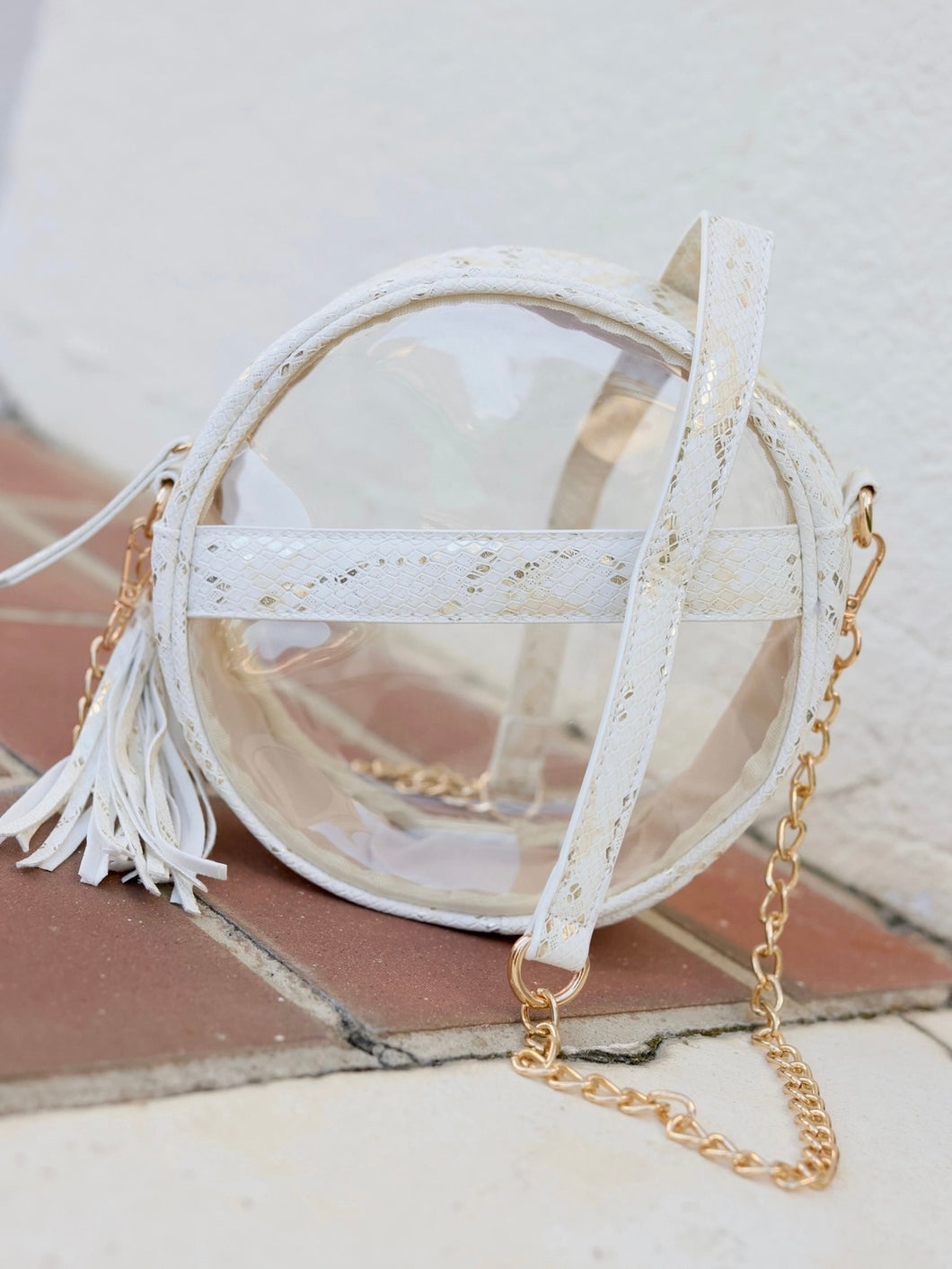 Metallic Cream Clear Round Gameday Crossbody