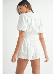 White Embroidered Collared Romper