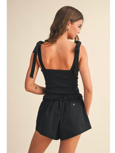 Black Button Down Tie Shoulder Top
