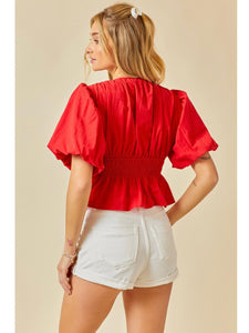 Red Ruched Bubble Sleeve Top