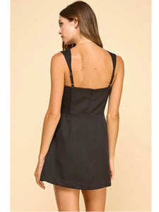 Black Square Neck Flap Pocket Dress