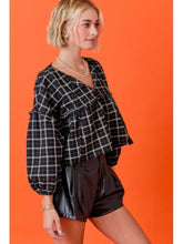 Load image into Gallery viewer, Black Plaid Tie Front Ruffle Top
