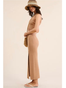 Camel Ribbed High Waisted Midi Skirt