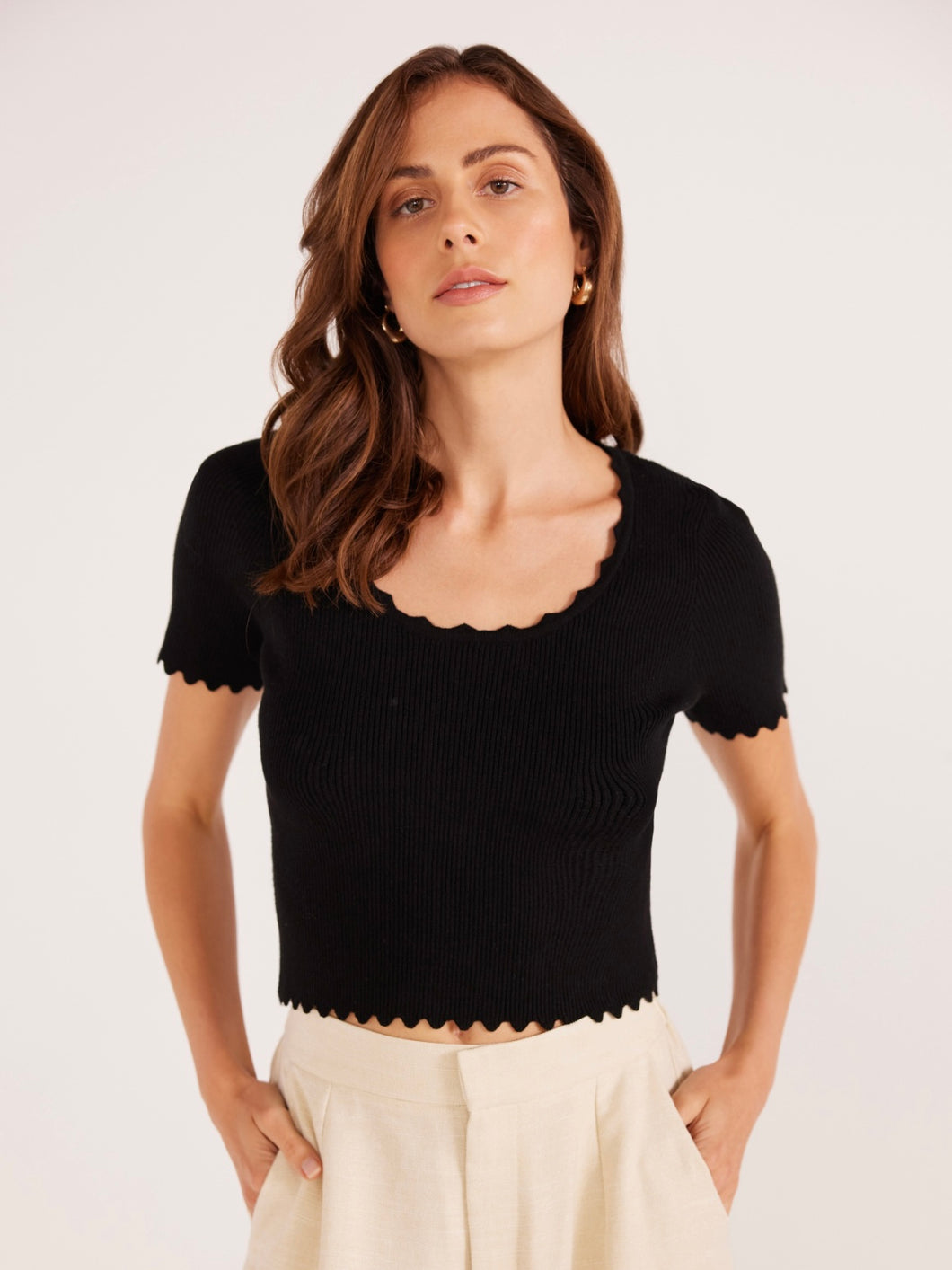 MinkPink Black Laura Scallop Tee