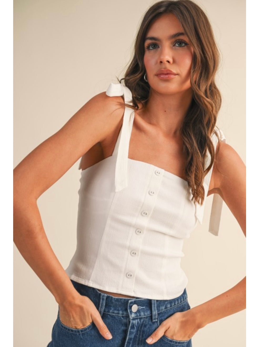 White Button Down Tie Shoulder Top