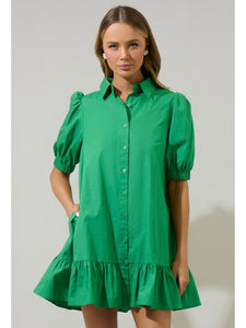 (PREORDER) Kelly Green Poplin Button Down Dress