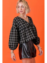 Load image into Gallery viewer, Black Plaid Tie Front Ruffle Top
