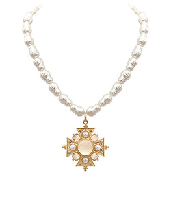 Gold Maltese Cross & Pearl Necklace