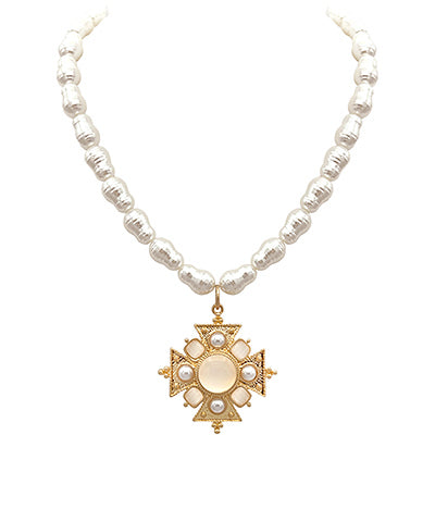 Gold Maltese Cross & Pearl Necklace