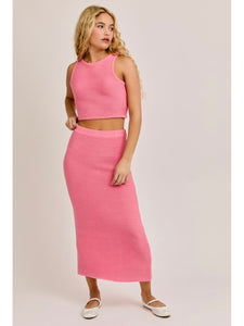 Pink Ribbed Sweater Midi Skirt