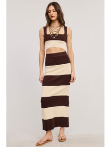 Chocolate & Ivory Stripe Crop Top & Maxi Skirt Set