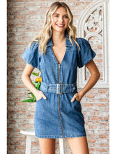 Load image into Gallery viewer, Denim Puff Sleeve Belted Dress

