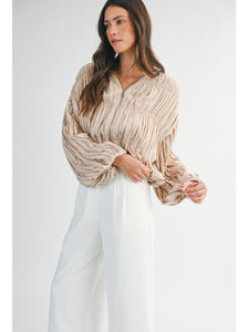 Light Taupe Pleated Zip Front Jacket Blouse