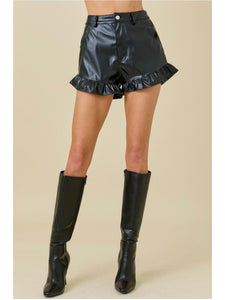 Black Faux Leather Ruffle Hem Shorts