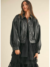 Load image into Gallery viewer, Black Faux Leather Ruched Bomber Jacket
