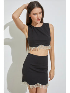 Black Rhinestone Fringe Crop Top