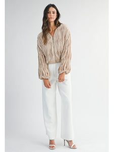 Light Taupe Pleated Zip Front Jacket Blouse
