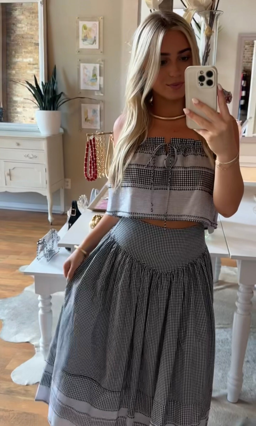 Black Gingham Print Top & Skirt Set