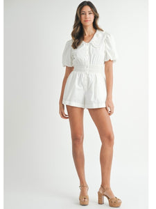 White Embroidered Collared Romper