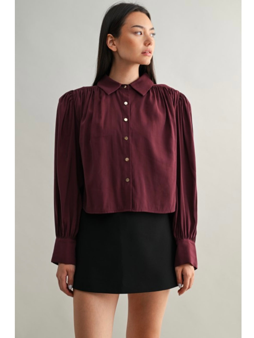 Wine Gathered Button Down Top