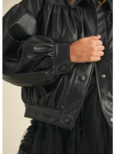 Load image into Gallery viewer, Black Faux Leather Ruched Bomber Jacket

