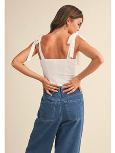White Button Down Tie Shoulder Top