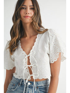 White Embroidered Tie Front Top