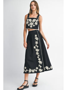 Black Embroidered Top & Midi Skirt Set
