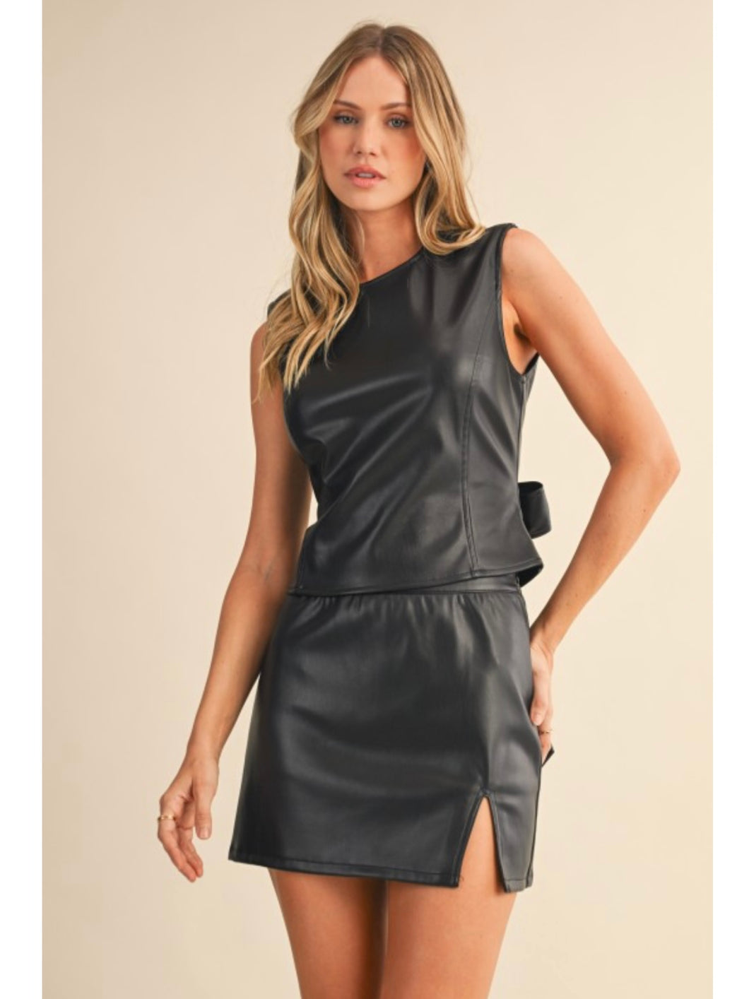 Black Leather Open Back Top & Mini Skirt Set