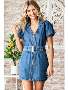 Denim Puff Sleeve Belted Dress