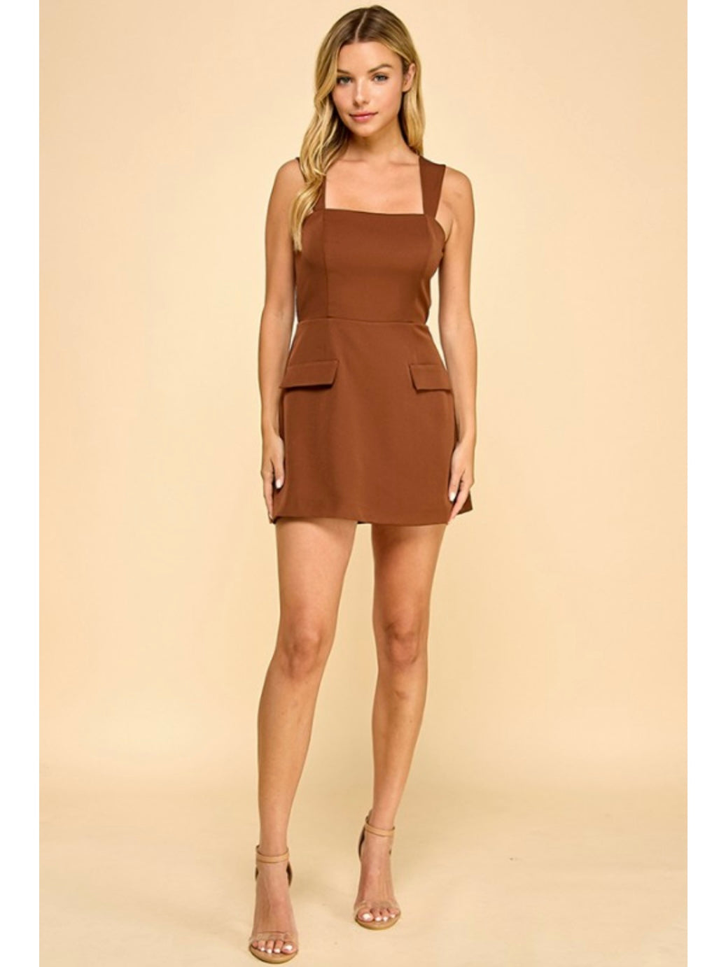 Mocha Square Neck Flap Pocket Dress