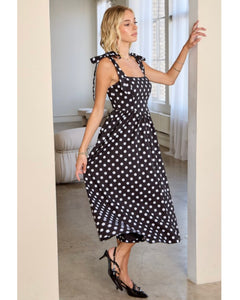 Black Polka Dot Tie Shoulder Midi Dress