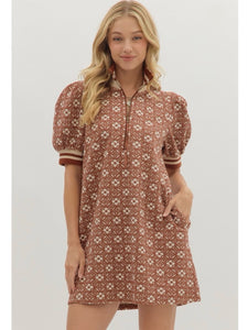 Rust Floral Print Knit Textured Dress
