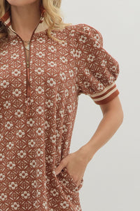 Rust Floral Print Knit Textured Dress