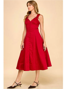 Deep Red Button Front Midi Dress