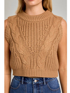 Camel Cable Sleeveless Sweater Top