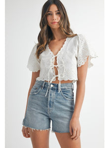 White Embroidered Tie Front Top