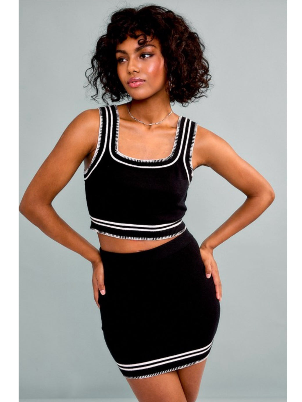 Black Stitched Knit Crop Top