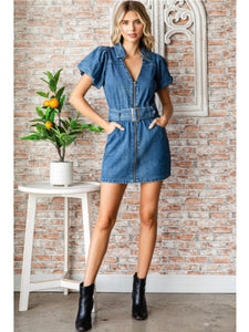 Denim Puff Sleeve Belted Dress