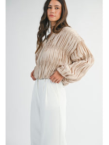 Light Taupe Pleated Zip Front Jacket Blouse