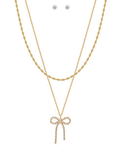 Gold & Clear 2 Row Chain & Bow Necklace Set