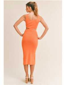 Orange Knit Cutout Midi Dress