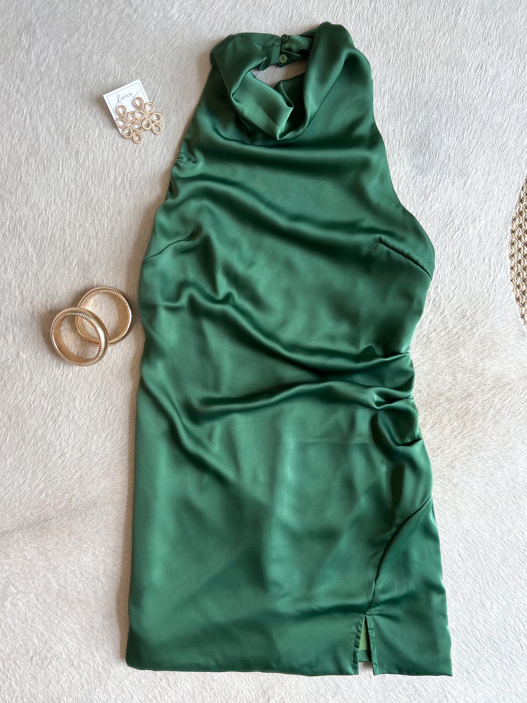 Green Satin Halter Dress