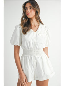 White Embroidered Collared Romper
