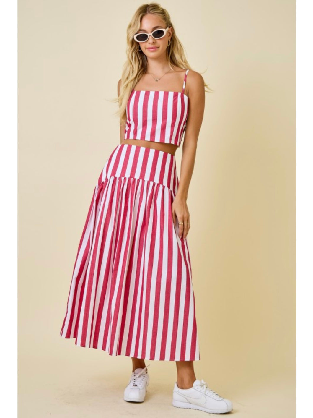 Crimson Stripe Crop Top & Maxi Skirt Set