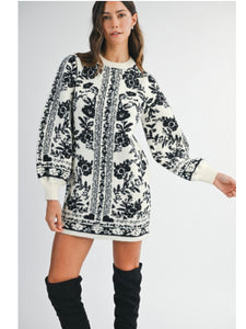 Black & Cream Jacquard Floral Sweater Dress