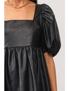 Black Vegan Leather Puff Sleeve Dress