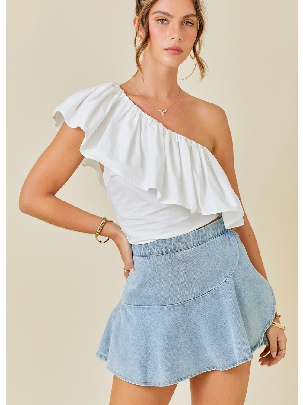 White One Shoulder Ruffle Top